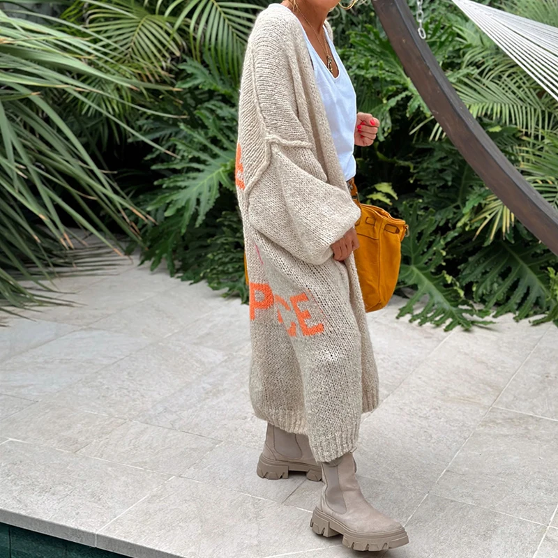 Simpatico cardigan maglione lungo con stampa di lettere LOVE & PEACE donna autunno scollo a V giacca superiore lavorata a maglia cappotto maglione allentato a maniche lunghe invernale