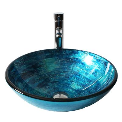 Blue Round Chrome Tempered Glass Glass Basin with Straight Tube Faucet, Basin Support and Drain