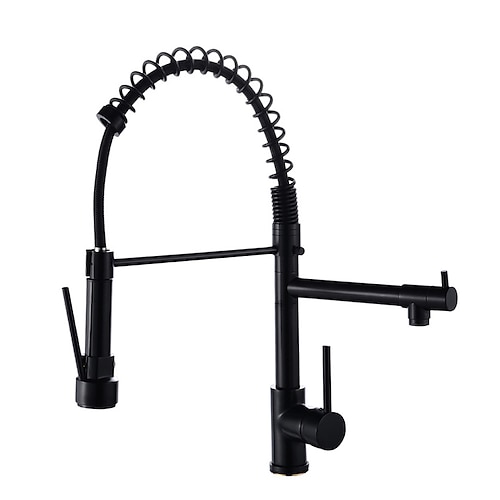 Küchenarmatur, ausziehbare Spültischarmatur, Doppelauslauf, Wasserhähne aus Messing mit hoher Lichtbogenfeder, 360-Grad-Schwenkbrause mit einem Griff und Warm- und Kaltwasserschlauch Image