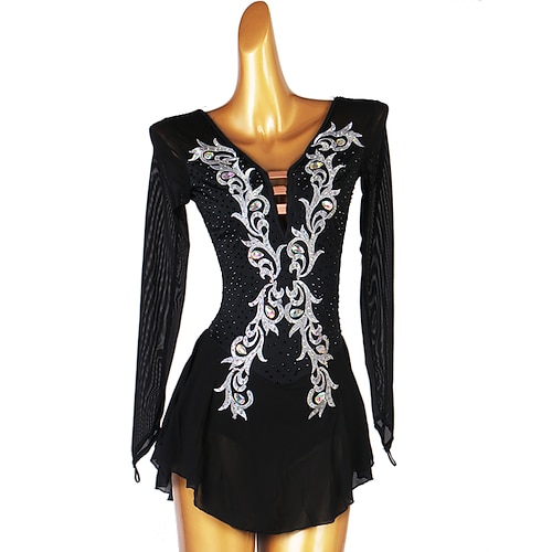 Kleid für Tanz, Salsa, lateinamerikanischer Tanz, Strass, Rüschen, Damen, Mädchen, Performance, Training, Langarm, hoher Spandex-Tüll Image