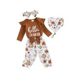 Qtinghua 4Pcs Newborn Baby Girls Fall Outfits Letter Print Long Sleeve Romper with Flower Pants and Hat Headband Set Auburn 0-3 Months