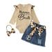 Tosmy Toddler Girl Clothing Winter Long Sleeve Leopard Print Ribbed Romper Bodysuit Denim Skirt Belt Headband 4 Piece Outfits Clothes Set Cute Clothes Fashion 2023