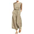 Qcmgmg Womens Maternity Workout Romper Sleeveless Lounge Wide Leg Women Jumpsuit Cotton Linen Palazzo Bib Pants Casual Pockets Women s Overalls Khaki 2XL