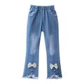 Posijego Baby Kids Girls Bell Bottom Jeans Elastic High Waist Pockets Bow Casual Flare Denim Trousers