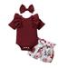 Virmaxy Toddler Baby Girls Ruffle Outfit Suit Infant Girls Cute Short Sleeve Ruffle Bow Top with Lace Up Shorts 2 Piece Set Fashion Summer Cool Comfy Little Kids Clothing Set Burgundy 9-12 Months
