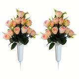 2 Set Cemetery Memorial Artificial Flower Rose Bouquet with Vase Sympathy Fake Floral Grave Funeral Decor Pink