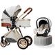 Portable Baby Pram Strollers Reversible Seat| One Hand Fold Carriage Stroller,Aluminum Alloy Frame,for 0-36 Months Babys,Footmuff Cotton Pad,Cream White