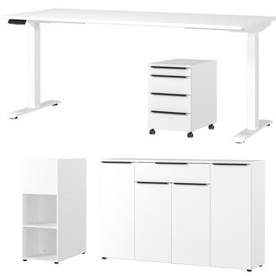 Büromöbel-Set GERMANIA "Mailand", weiß, Elektrisch höhenverstellbar-Rollcontainermit 4 Schubladen, oberste Schublademit Utensilienfach-Raumteiler (Regal)mit einem großen offenen Fach-Türen/ Schubladen schließen durch integrierten Dämpfer sanft... Image