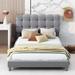 Streamlined Large Wall Art Bed Velvet Upholstered Low-profile Bed Square Stitched Headboard Cylindrical Legs Wood Slats Frame