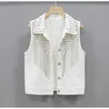 2024 New Women Sleeveless Short Jean Coat Female Single Breasted Black White Rivet Tassel Denim Vest