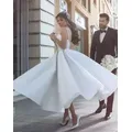 Robe de Mariée Courte en Satin Longueur Thé Bretelles Spaghetti Dos aux Bon Marché Dentelle