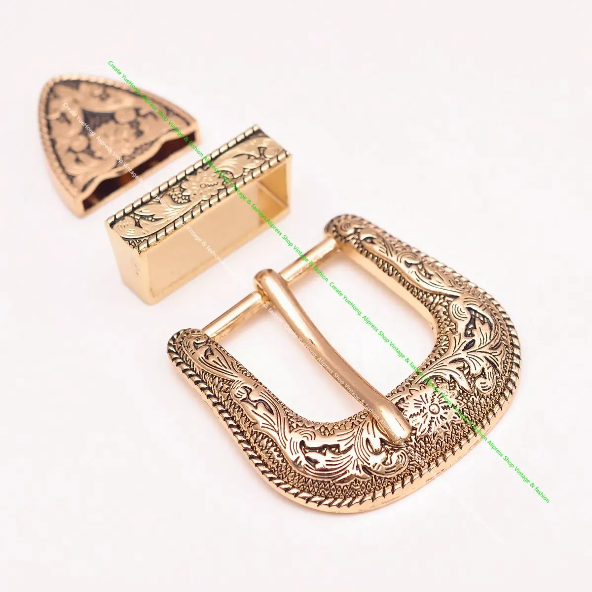 ROCK WESTERN COWBOY GOLD FLORAL GRAVIERT GÜRTEL SCHNALLE SET PASST 30MM LEDERBAND Image