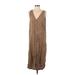 Lou & Grey Casual Dress - Midi Plunge Sleeveless: Tan Print Dresses - Women's Size Small
