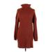 Fashion Casual Dress - Sweater Dress High Neck Long sleeves: Brown Solid Dresses - Women's Size Large