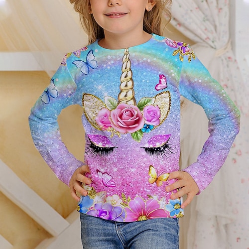 Mädchen 3D Tier Einhorn T-Shirt Langarm 3D-Druck Frühling Herbst Aktiv Sport Modisch kinderkleidung 3-12 Jahre Outdoor Täglich Innen Regular Fit Image