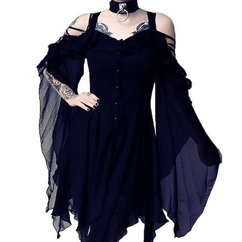 Retro Vintage Punk Gothic Mittelalterlich Kleid Maskerade Hexe Kostüm Damen Walpurgisnacht Halloween Karneval Maskerade Halloween Veranstaltung / Fest Erwachsene Kleid Image