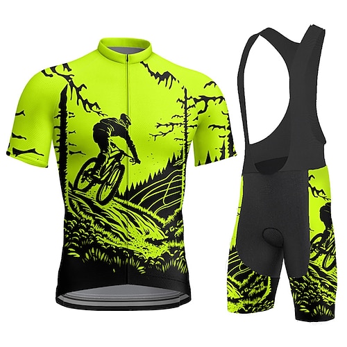 Herren Radtrikot mit Trägershorts Kurzarm Mountainbike MTB Straßenradsport Sommer Blau Gelb Rote Grafik Fahhrad 3D-Polster Schnelltrocknend Rückentasche Feuchtigkeitsableitend Atmungsaktiv Spandex Image