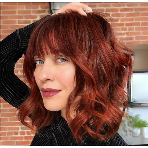 Kurze blonde Bob-Perücken für Frauen, synthetische gewellte Perücke aus lockigem Haar mit Pony für den täglichen Gebrauch, 12 Zoll große rotbraune, burgunderfarbene, blonde, schwarze und hellblonde Image