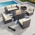 8PCS Outdoor Patio Furniture Set with 43 55000BTU Gas Propane Fire Pit Table PE Wicker Rattan Sectional Sofa Patio Conversation Sets Navy Blue