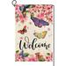 Spring Summer Floral Welcome Garden Flag Outdoor Butterfly Sakura Flowers Flags Double Sided Outside Farmhouse Burlap Yard Flag Home Patio Seasonal Decoration 12.5x18 Inch