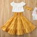 Calsunbaby Toddler Baby Girls Yellow Princess Dresses Solid Color Ruffled Shoulder-length Tops Bowknot Hairband High Waist Tutu Dress Set