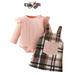 Odeerbi Girls Plaid Overalls Dress with Headband Set Baby Girls Clothes Strip Cotton Open Button Top With Plaid Skirt Knot Hairband Three Piece Set Pink 0-3 Months
