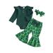 Infant Baby Girl St. Patricks Day Outfit Long Sleeve Ribbed Ruffle Romper Flare Pants with Headband Fall Winter 3Pcs Clothes Set