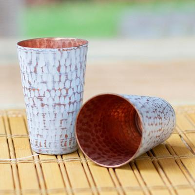 Tasting in White,'2 White Hammered Oxidized Recycled Copper Tequila Cups'