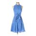 HD in Paris Casual Dress - Shirtdress High Neck Sleeveless: Blue Print Dresses - Women's Size 0