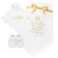 Personalised Baby White & Gold Shawl Blanket, 3D Teddy Comforter & Sock Booties Gift Set