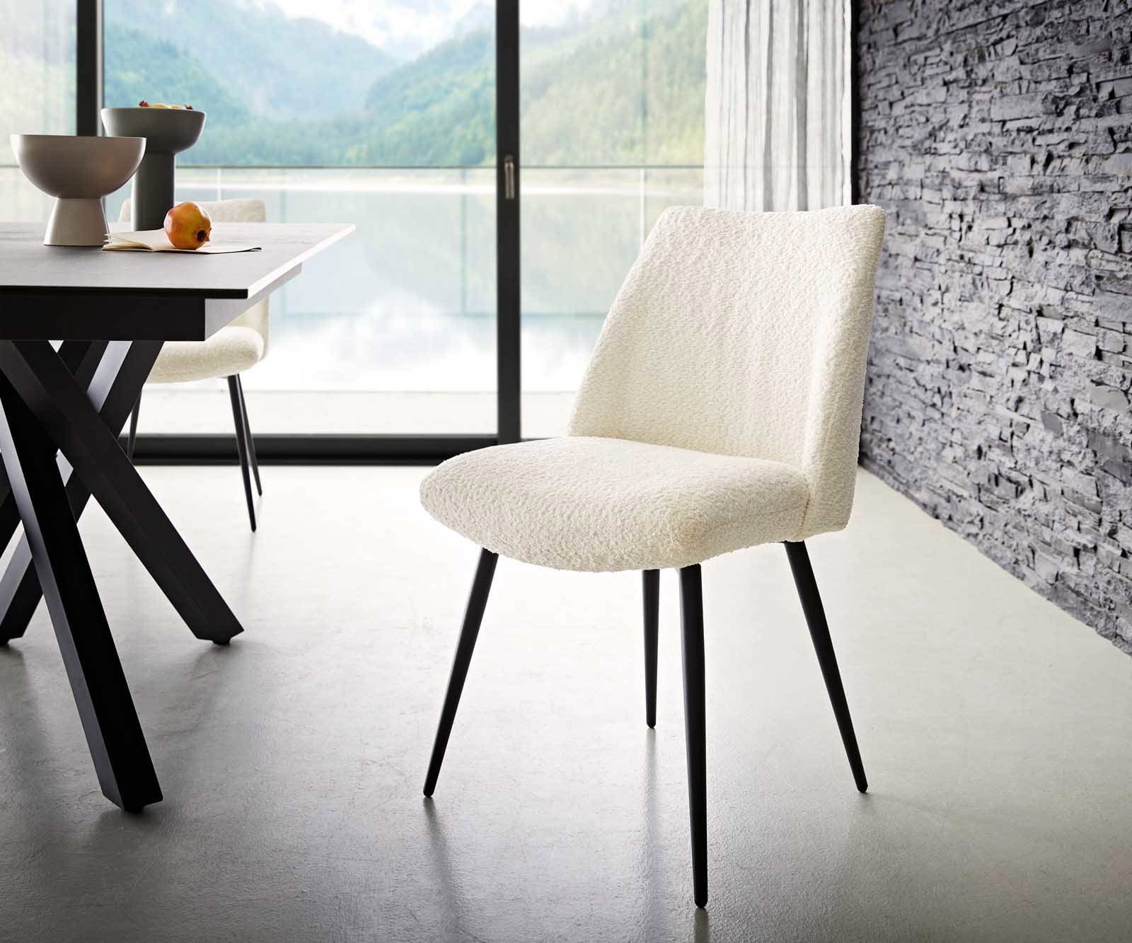 DELIFE Esszimmerstuhl Elso-Flex Bouclé Weiß 4-Fuß konisch Schwarz Taschenfederkern, Esszimmerstühle Image