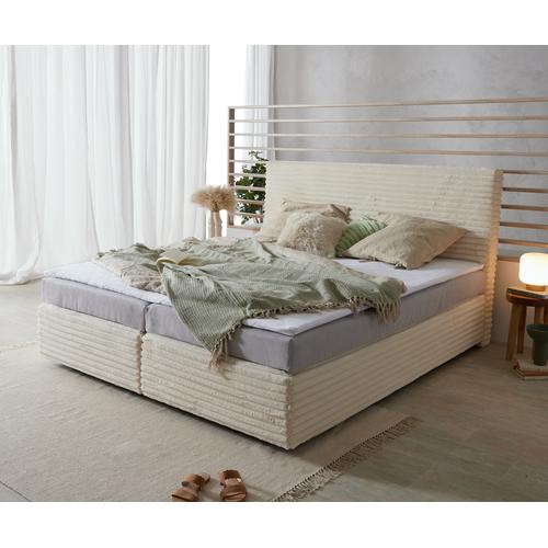 DELIFE Boxspringbett Dream-Well Plüsch-Cord Beige 180x200 cm Bonell-Matratze PU-Topper, Boxspringbetten