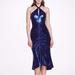 Marchesa Notte Halter Ruched Foiled Cocktail Dress - Blue - 8