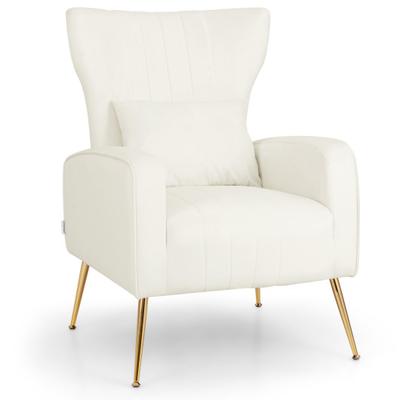 Costway Velvet Upholstered Wingback Chair with Lumbar Pillow and Golden Metal Legs-White