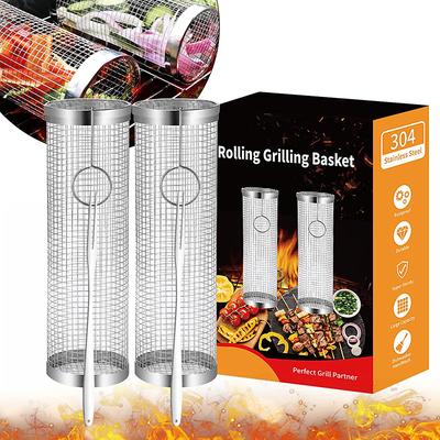 2-Pack BBQ Rolling Grilling Baskets, Rolling Grilling Basket with Safety Lock Fork, SUS304 Stainless Steel Barbecue Cooking Grill Grate