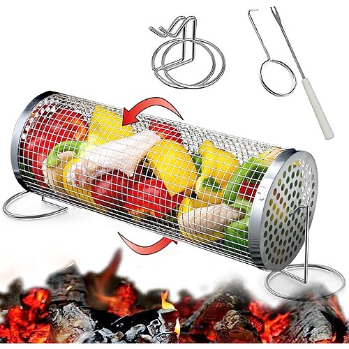 cestello per griglia con base fissa cestello per griglia per verdure per barbecue girevole griglia per barbecue in acciaio inox cestello in rete per grigliate all'aperto pesce verdure gamberetti
