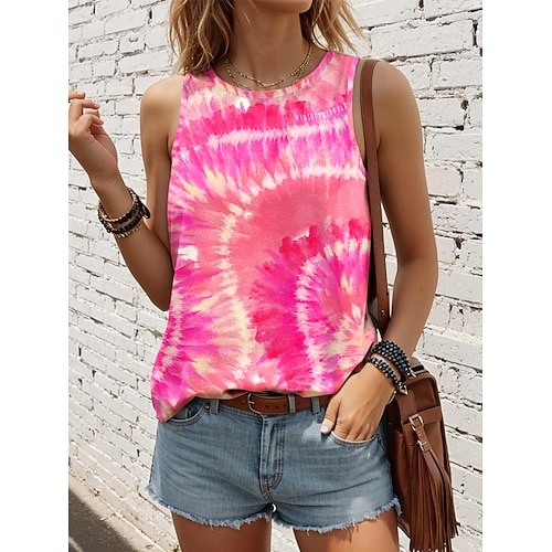 Damen Camisole Tank Top Tie-Dye Weste Schwarz Ärmelos Rundhals Lässiger Urlaub Stilvoll Sommer Image
