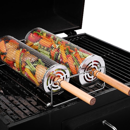 Rollbarer Grillkorb – Grillrost aus Edelstahl SUS304 – runder Grillrost für Lagerfeuer im Freien – Camping-Picknick-Kochgeschirr Image