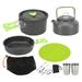 Camping Cookware Mess Kit Portable Camping Cooking Set for Backpacking Pot Pan Teapot Folding Fork Knife Spoon Kit Green