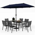 durable VILLA Outdoor 10ft Patio Umbrella Set for 4 with 5 Pieces Dining Table Chairs Metal Outdoor Stackable Wrought Iron Chair Set of 4 & 37 Metal Table 3 Tier Vented Dark Blu