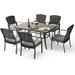 durable Dining Set for 6 7 PCS Patio Table & Chair Set Metal Slatted Table with 2 Umbrella Hole All-Weather Wicker Patio Dining Furniture with Removable Cushions for Deck Law