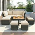 9 Pieces Outdoor Patio Furniture Set Outdoor Sectional Rattan Sofa Set Manual Wicker Patio Conversation Set with Ottomans Solid Wood Coffee Table for Yard Deck Porch(Beige)