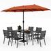 simple VILLA Outdoor 10ft Patio Umbrella Set for 4 with 5 Pieces Dining Table Chairs Metal Outdoor Stackable Wrought Iron Chair Set of 4 & 37 Metal Table 3 Tier Vented Dark Blue