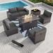 simple 8PCS Outdoor Patio Furniture Set with 43 55000BTU Gas Propane Fire Pit Table PE Wicker Rattan Sectional Sofa Patio Conversation Sets Navy Blue
