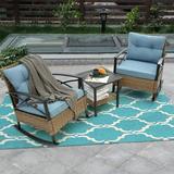 3pcs Outdoor Wicker Rocking Chair Set Wholes Leisure Chair with 2 Rocking Chairs and Unbreakable Steel Table Patio Furniture Set with Thickened Cushion for Outdoor Living Room Relax Garden Blue