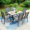simple 7 PCS Patio Dining Set with 6 Aluminum Sling Chair (Wooden Armrest) and 1 Wood-Like Top Table Outdoor Furniture for 6