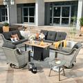 HOOOWOOO PE Rattan Wicker Patio Conversation Set High Back Sofa Set with Swivel Rocking Chair and 46 Fire Pit Table Black