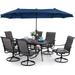 simple 6 Pieces Outdoor Dining Set with Umbrella Patio Furniture Set with 4 Sling Dining Swivel Chairs 1 x 37 Wood-Like Table and 1 x 10ft 3 Tiers Umbrella (Beige)