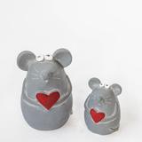 Set Of 2 Cement Mice Holding Red Hearts Figurine