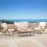 4 PCS Acacia Wood Patio Furniture Set, Outdoor Seating Sofa Set with Grey Cushions & Back Pillow, Outdoor Conversation Set